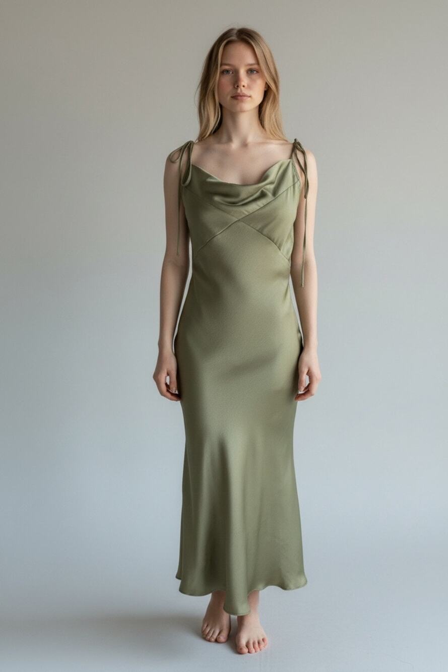 &merci Satin Cowl Neck Slip Midi Dress Size M in Olive Green NWOT - Picture 1 of 8